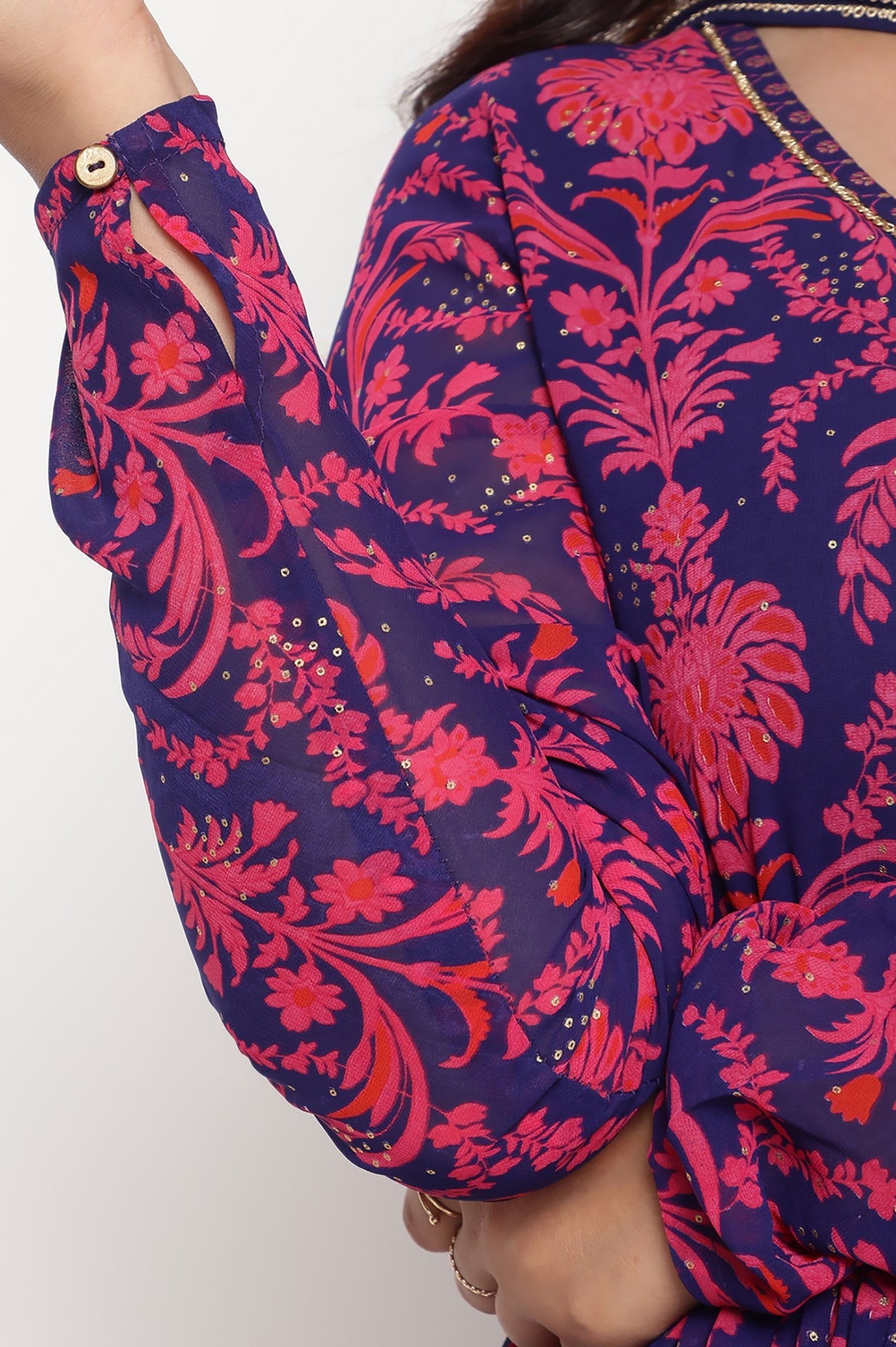 Pink Printed Georgette Flared Kurta, Flared Pant and Dupatta Set