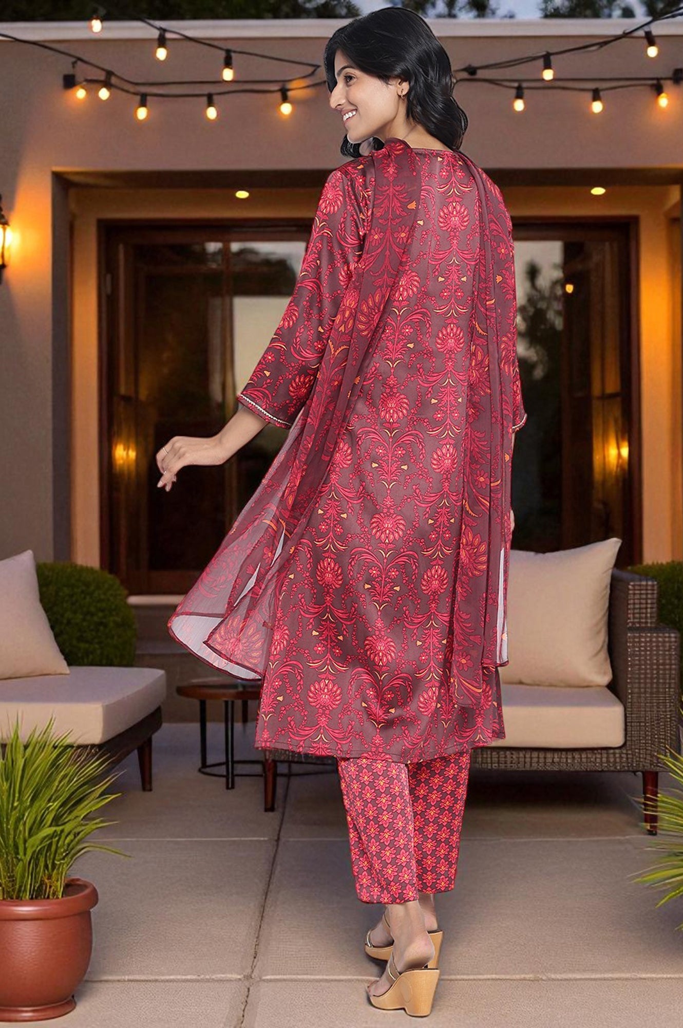 Chocolate Brown Printed Japanese Satin A-Line Kurta, Straight Pant and Dupatta Set