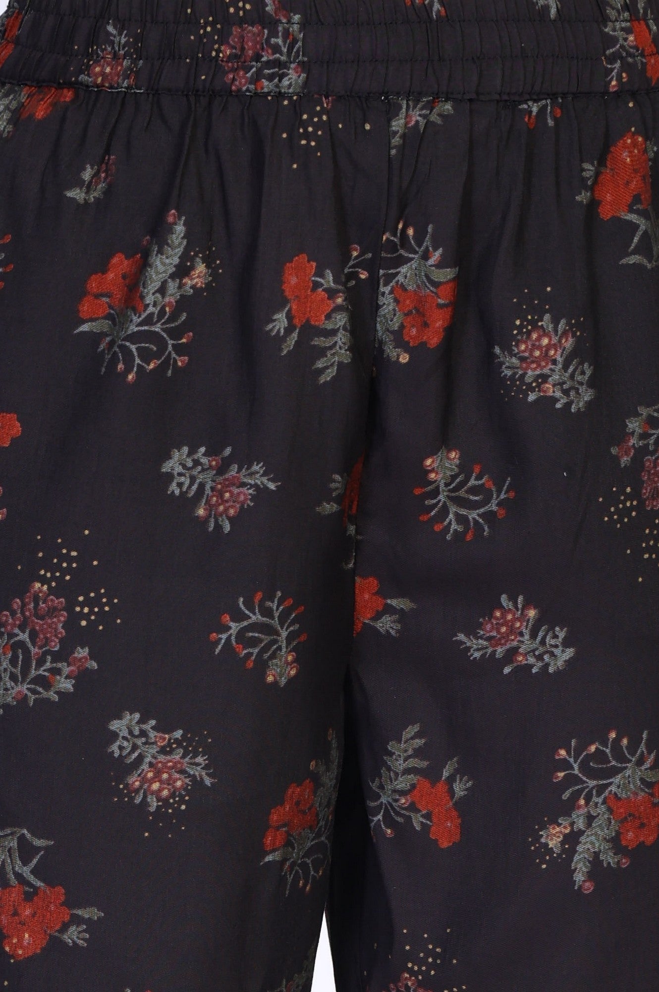 Black Floral Printed Tape Detail A Line Crape Kurta with Pant and Dupatta Set