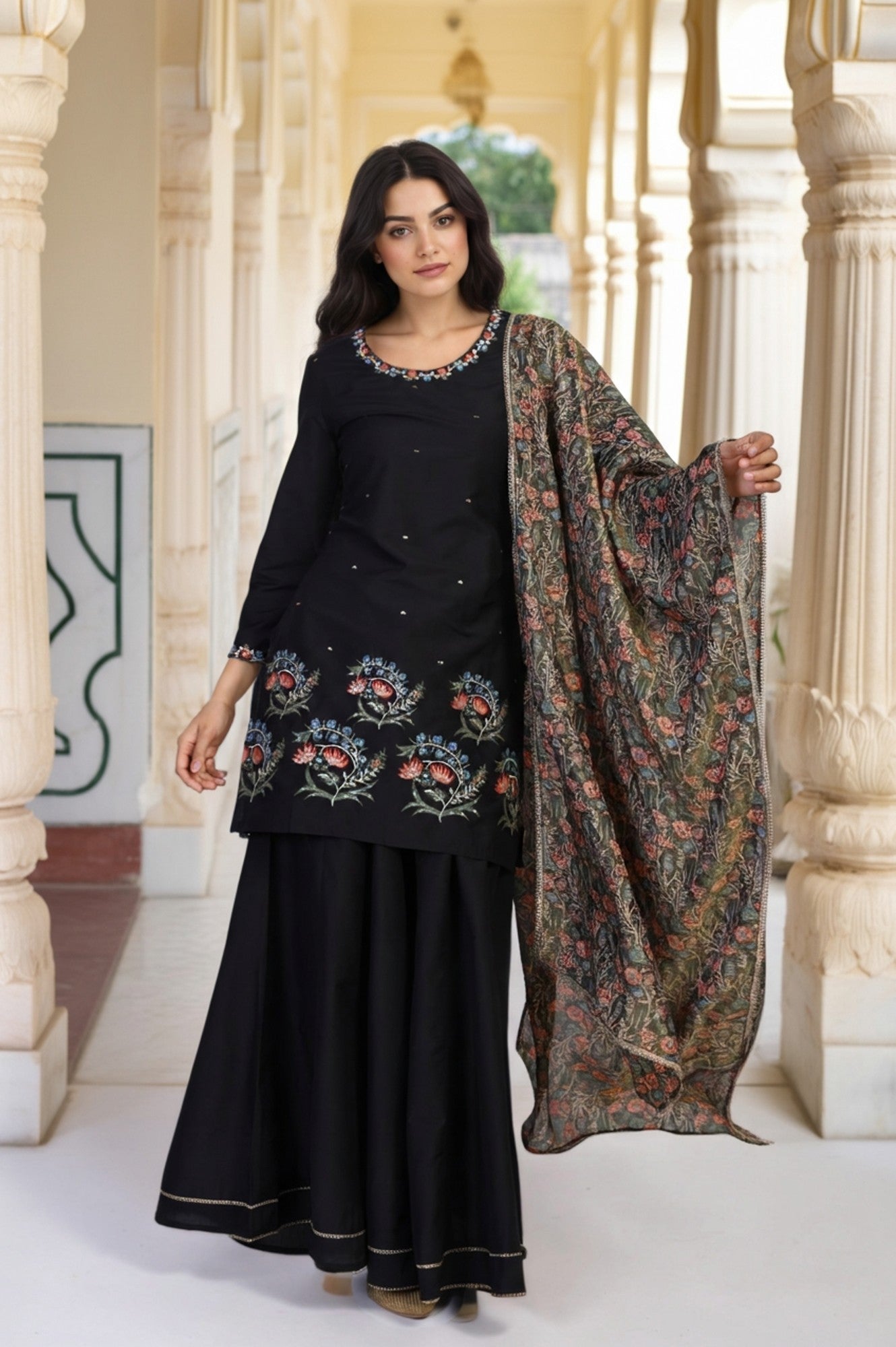 Black Floral Thread Embroidery Straight Woven Kurta with Flared Pant and Dupatta Set