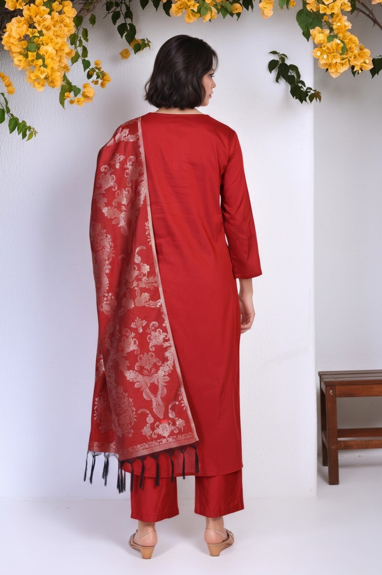 Red Floral Print Metallic Embroidered Flared Woven Kurta with Straight Pant and Dupatta Set