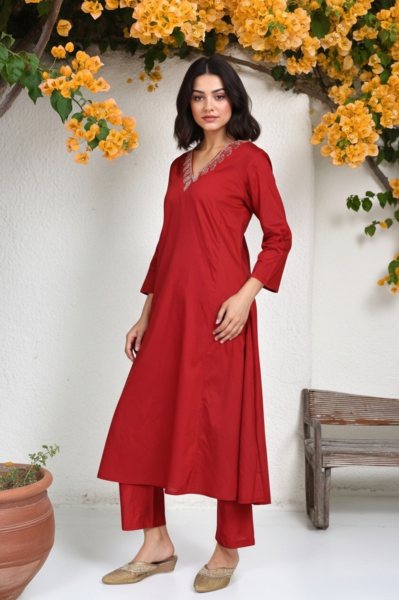Red Floral Print Metallic Embroidered Flared Woven Kurta with Straight Pant and Dupatta Set