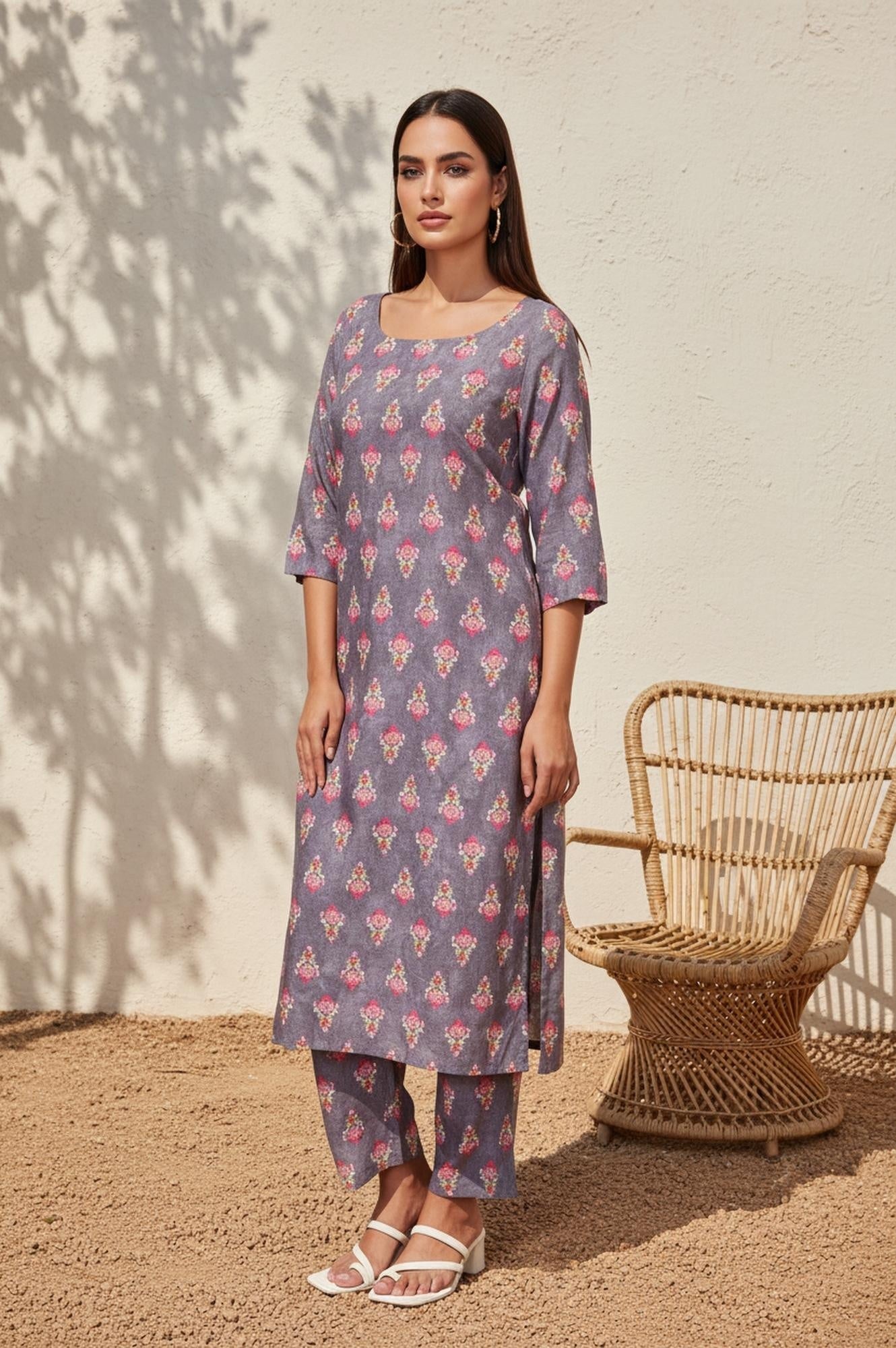 Purple Floral Printed Straight Cotton Kurta with Pant and Dupatta Set