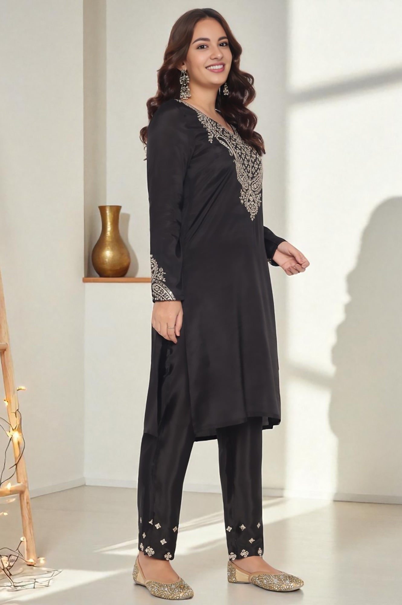 Black Solid Printed Shantung Straight Kurta, Straight Pant and Dupatta Set