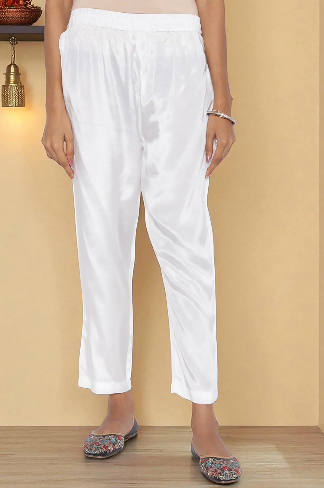 Ecru Solid Printed Shantung Straight Kurta, Straight Pant and Dupatta Set