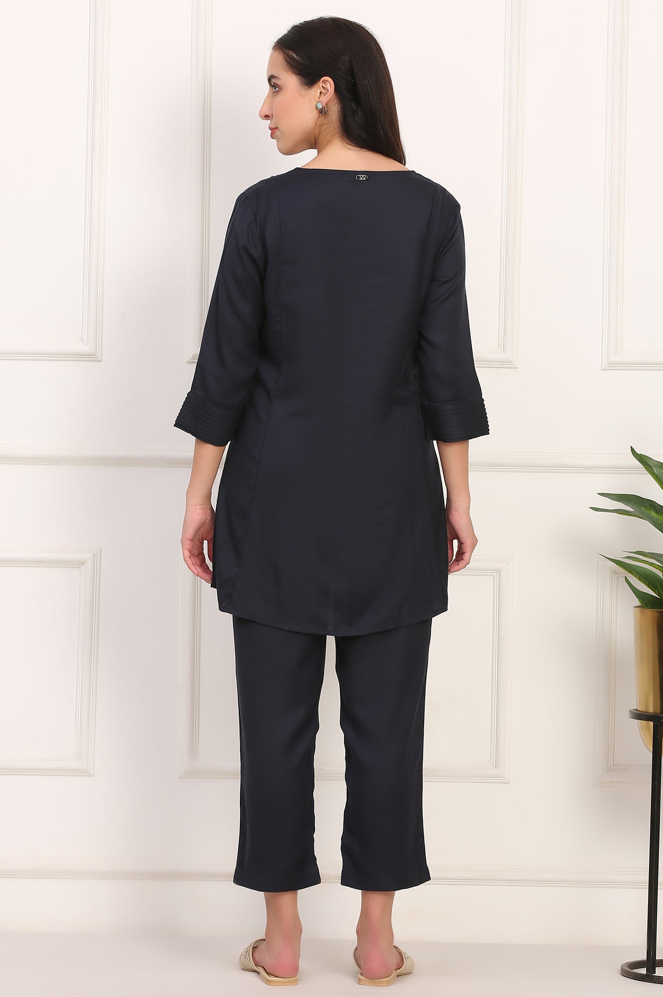 Blue Solid Embroidered Rayon Flax A-line Tunic and Straight Pants Co-ord Set