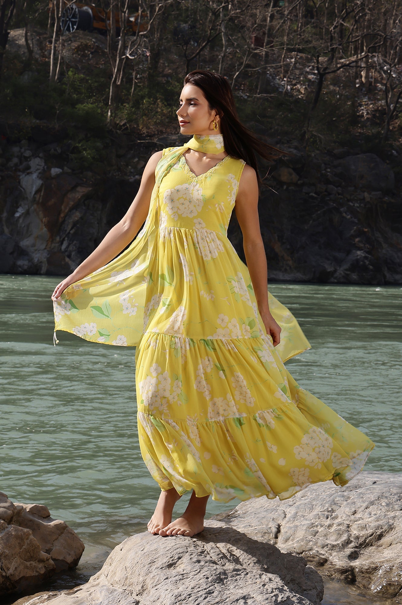 Yellow Floral Printed Tiered Dress and Dupatta Set