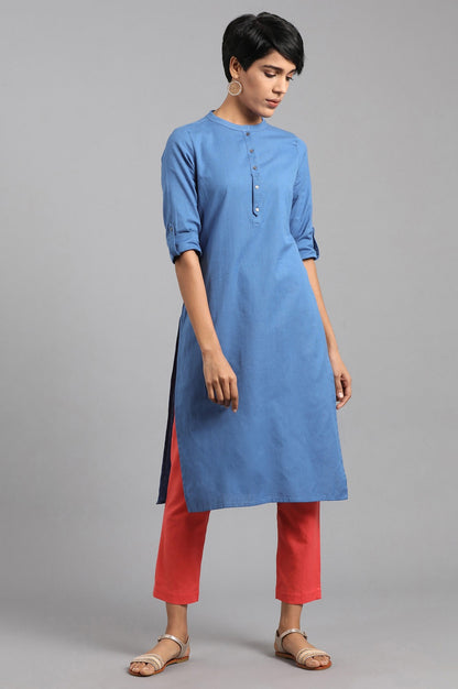Blue Solid Straight Cotton Kurta