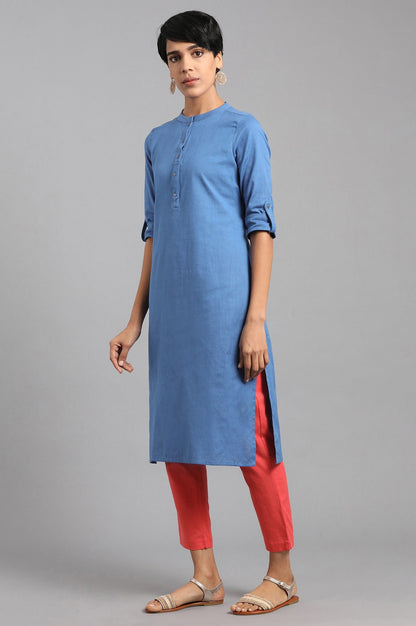 Blue Solid Straight Cotton Kurta