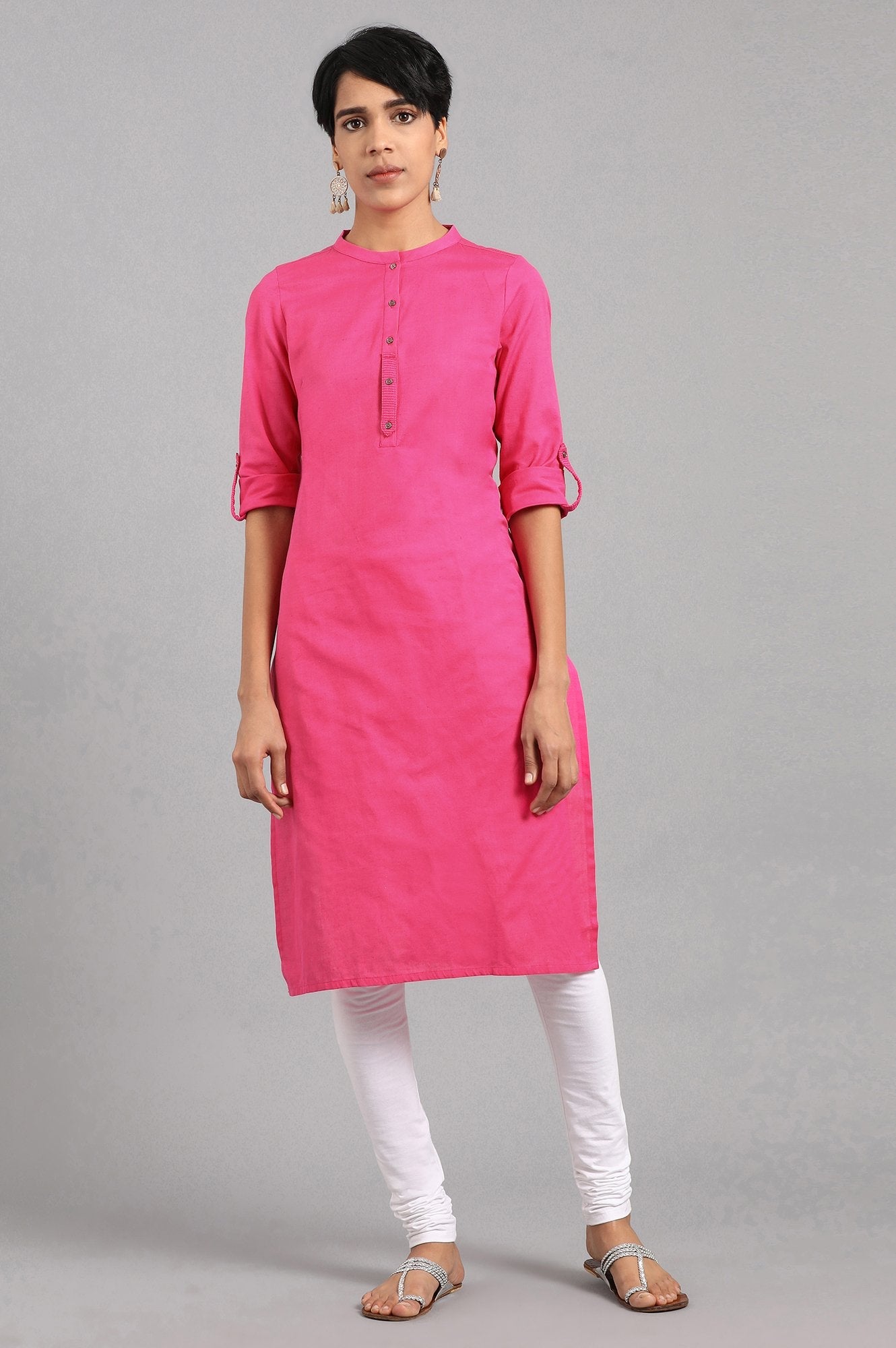 Pink Solid Straight Cotton Kurta