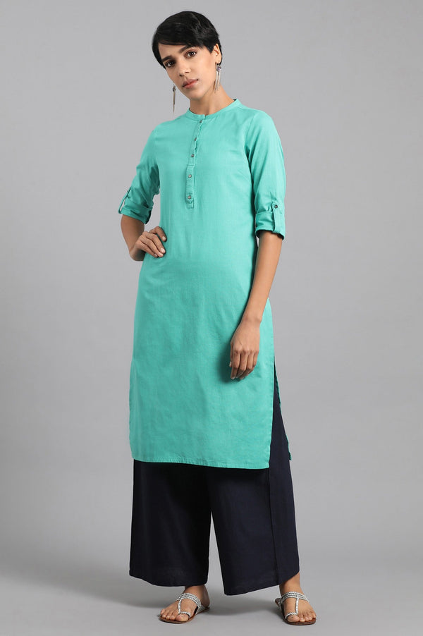 Green Solid Straight Cotton Kurta