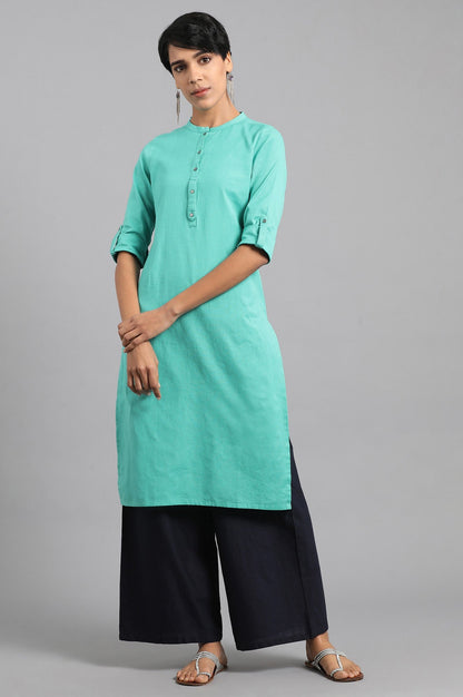 Green Solid Straight Cotton Kurta