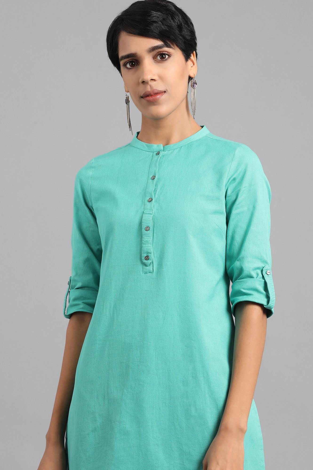 Green Solid Straight Cotton Kurta