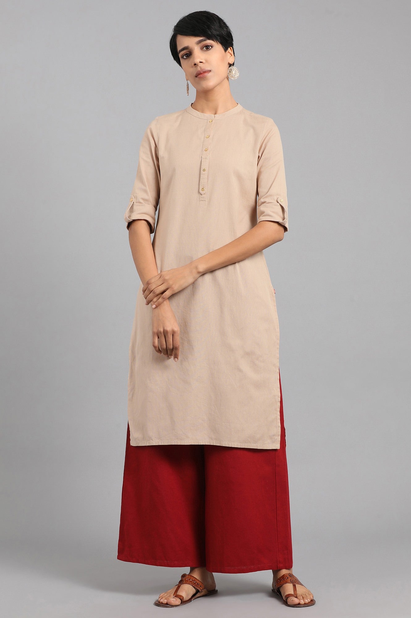 Beige Solid Straight Cotton Kurta
