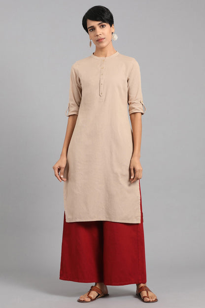 Beige Solid Straight Cotton Kurta