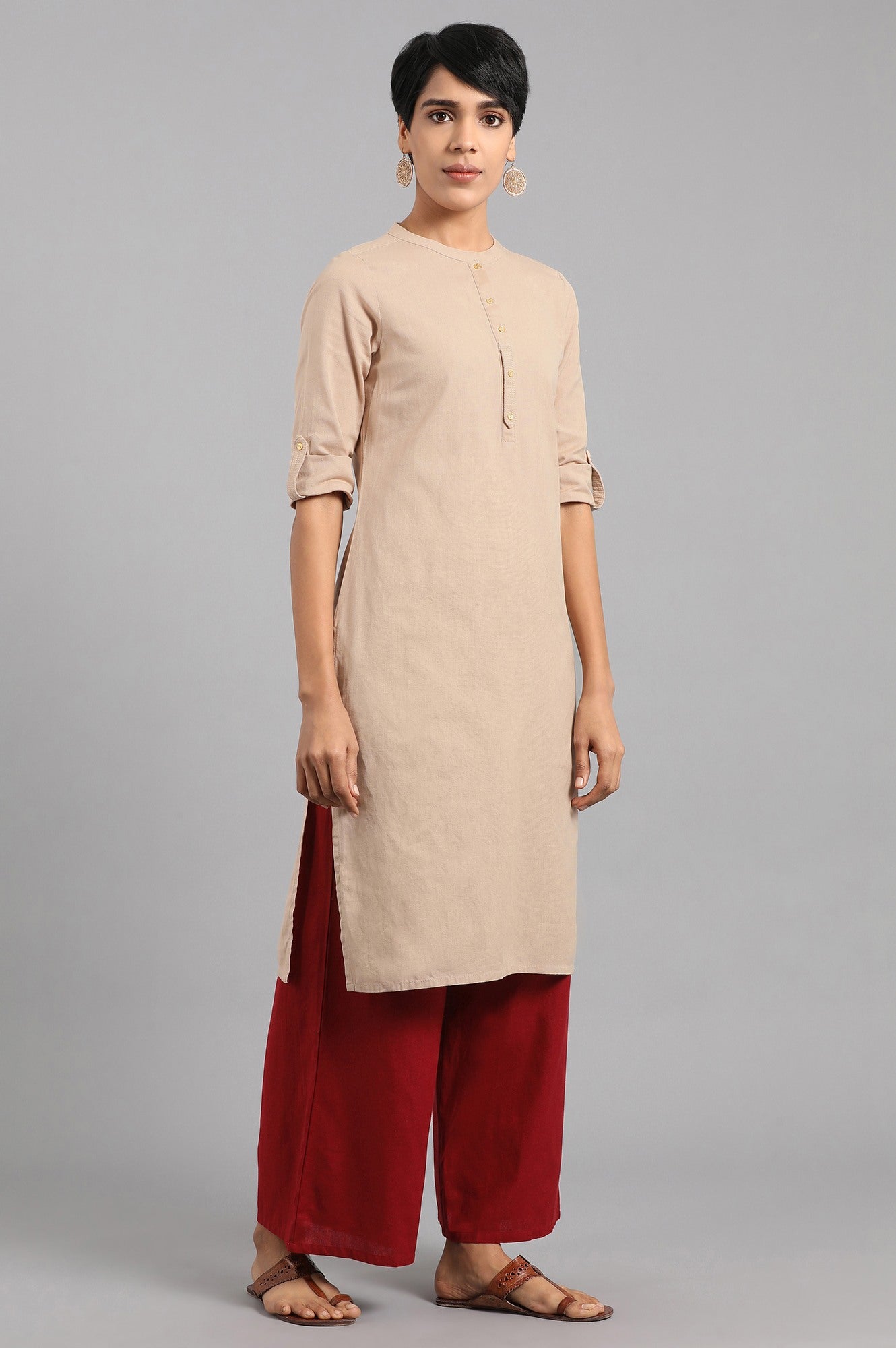 Beige Solid Straight Cotton Kurta