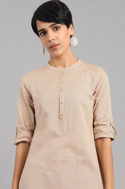 Beige Solid Straight Cotton Kurta