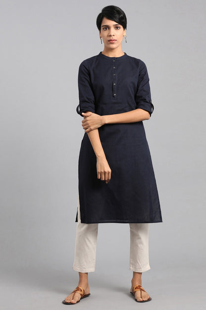 Blue Solid Straight Cotton Flax Kurta