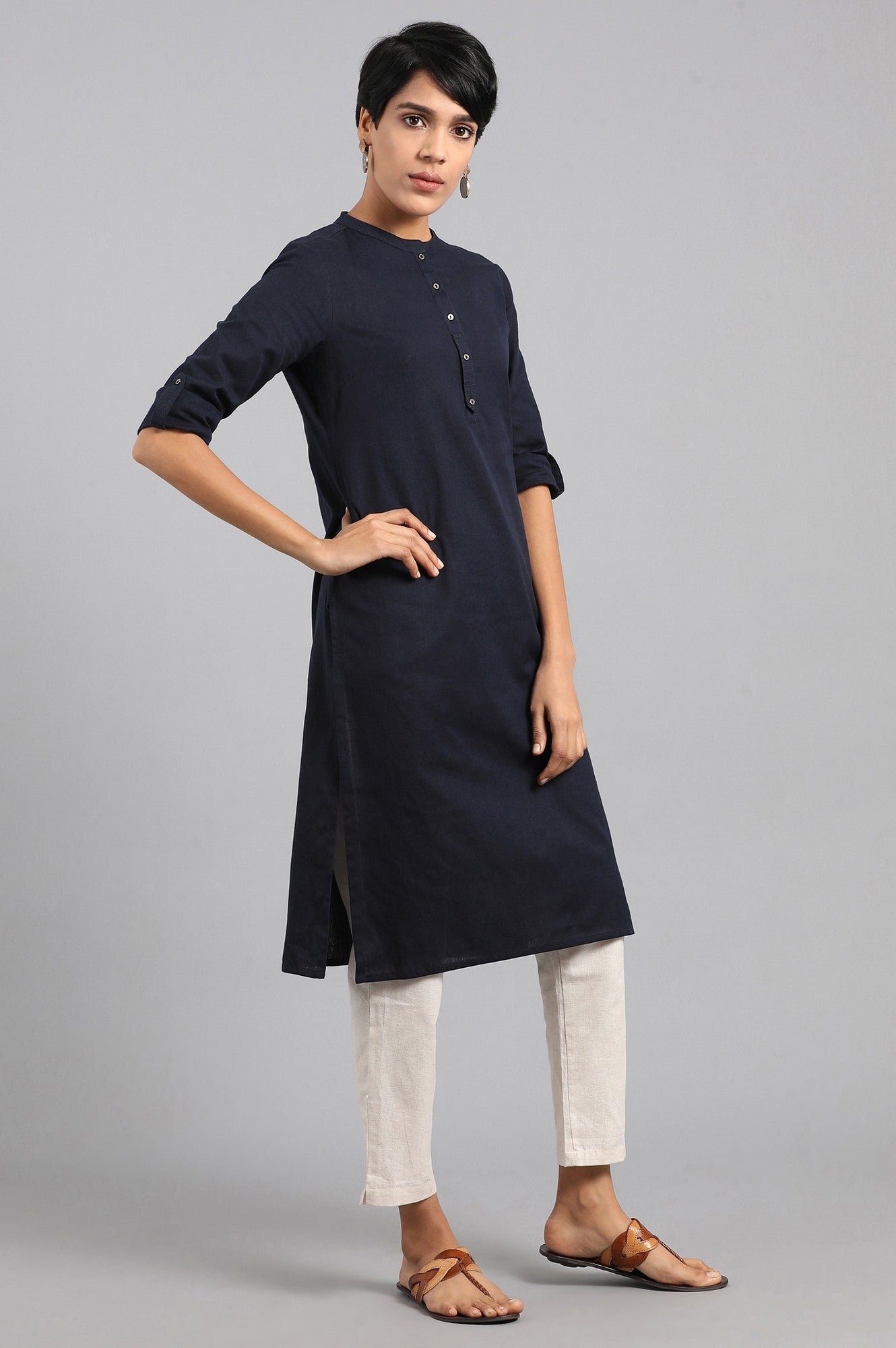 Blue Solid Straight Cotton Flax Kurta
