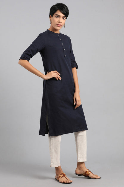 Blue Solid Straight Cotton Flax Kurta