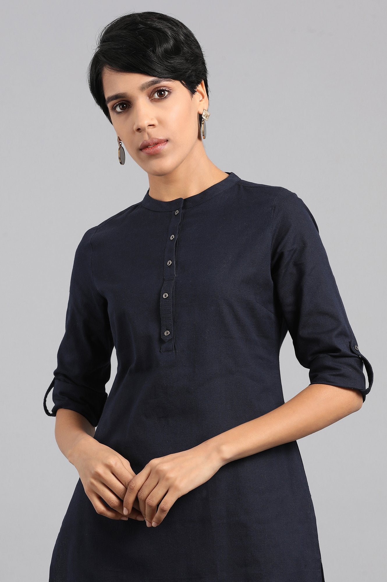 Blue Solid Straight Cotton Flax Kurta
