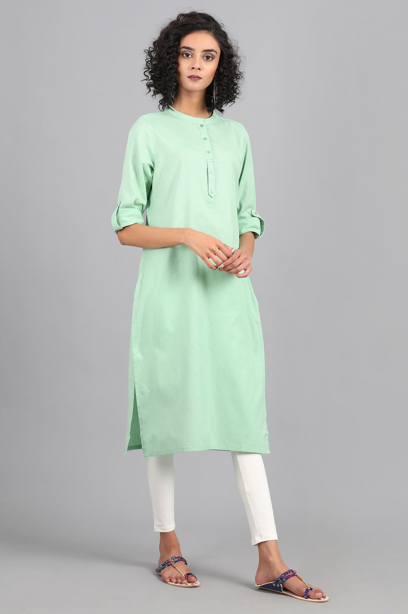 Light Green Solid Straight Cotton Kurta