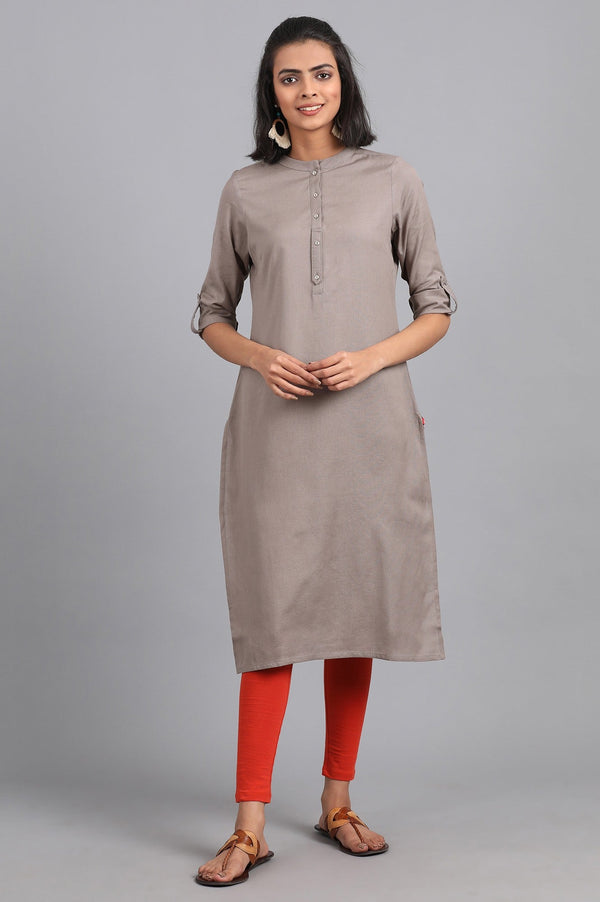 Grey Solid Straight Cotton Kurta