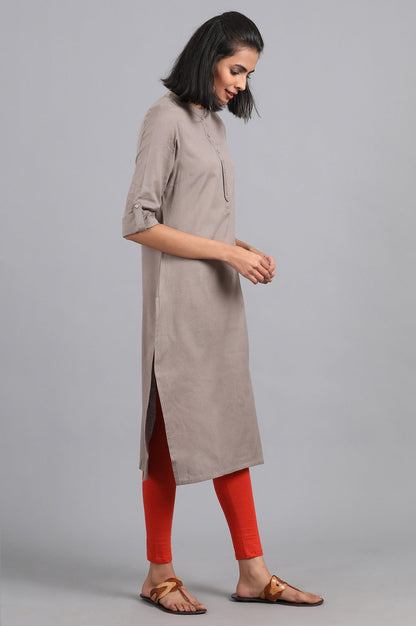 Grey Solid Straight Cotton Kurta