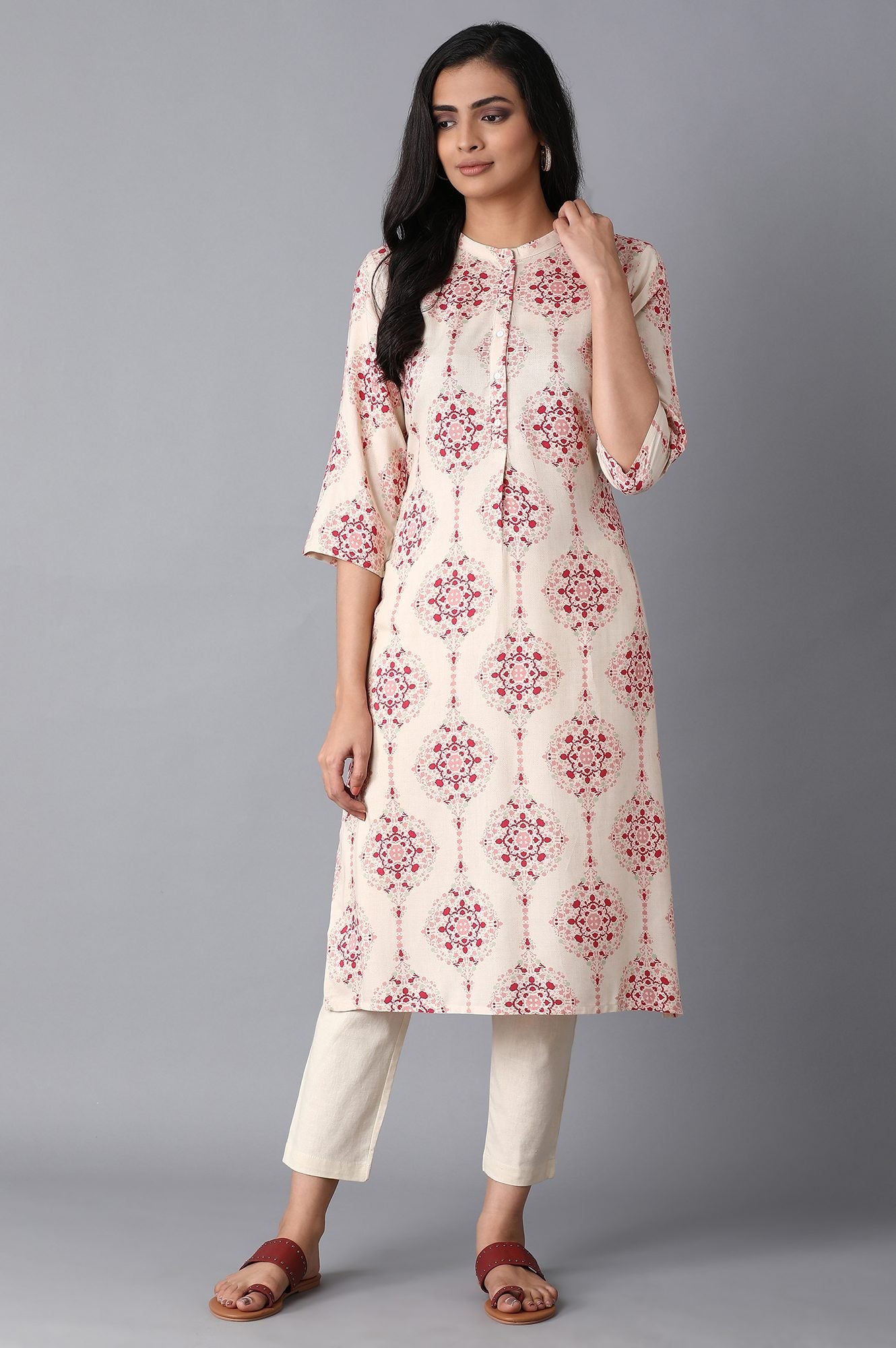 Beige Geometric Straight Rayon Kurta