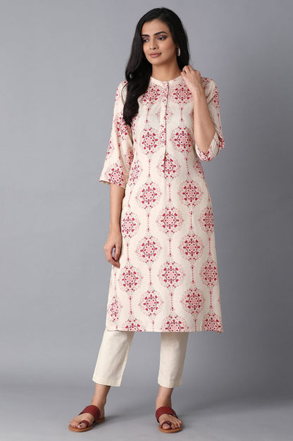 Beige Geometric Straight Rayon Kurta