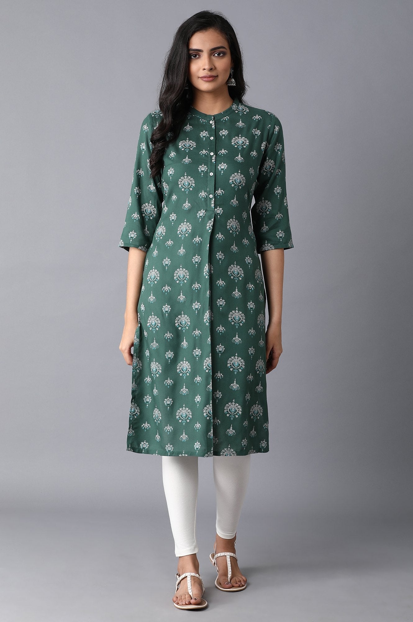 Green Floral Straight Rayon Kurta