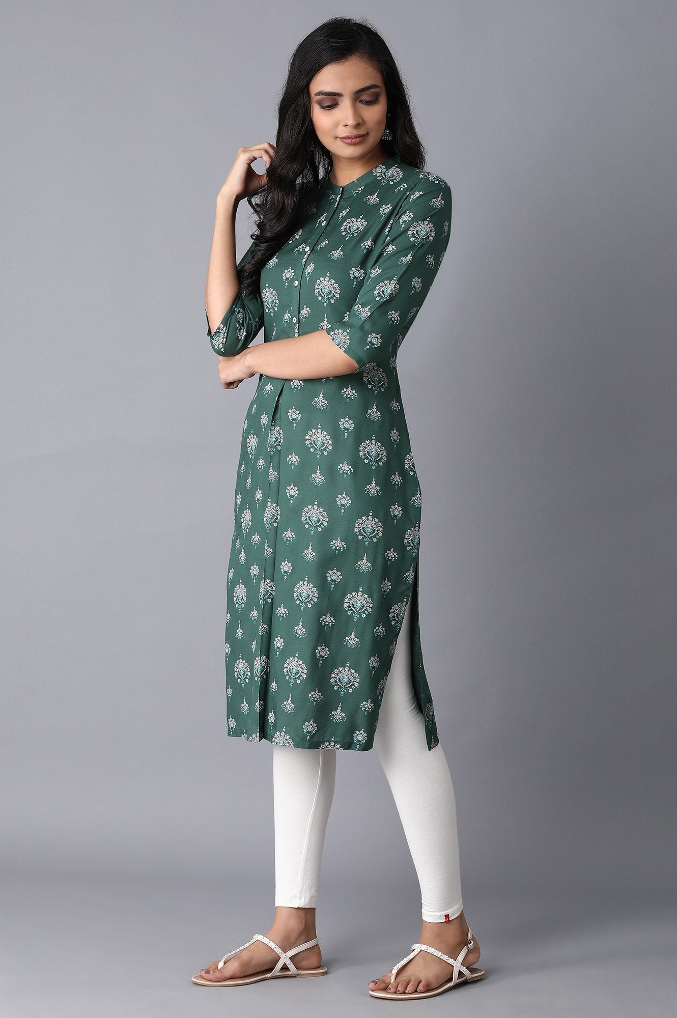 Green Floral Straight Rayon Kurta