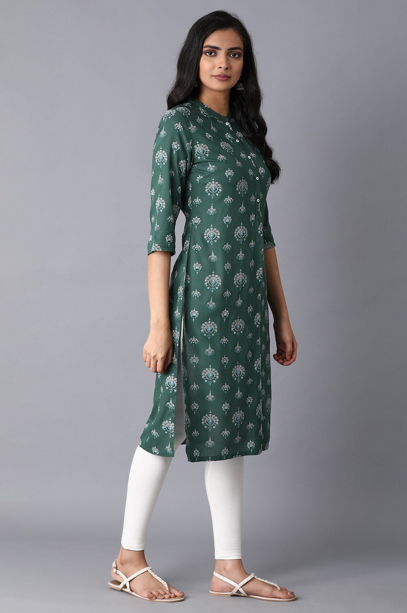 Green Floral Straight Rayon Kurta