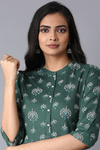 Green Floral Straight Rayon Kurta