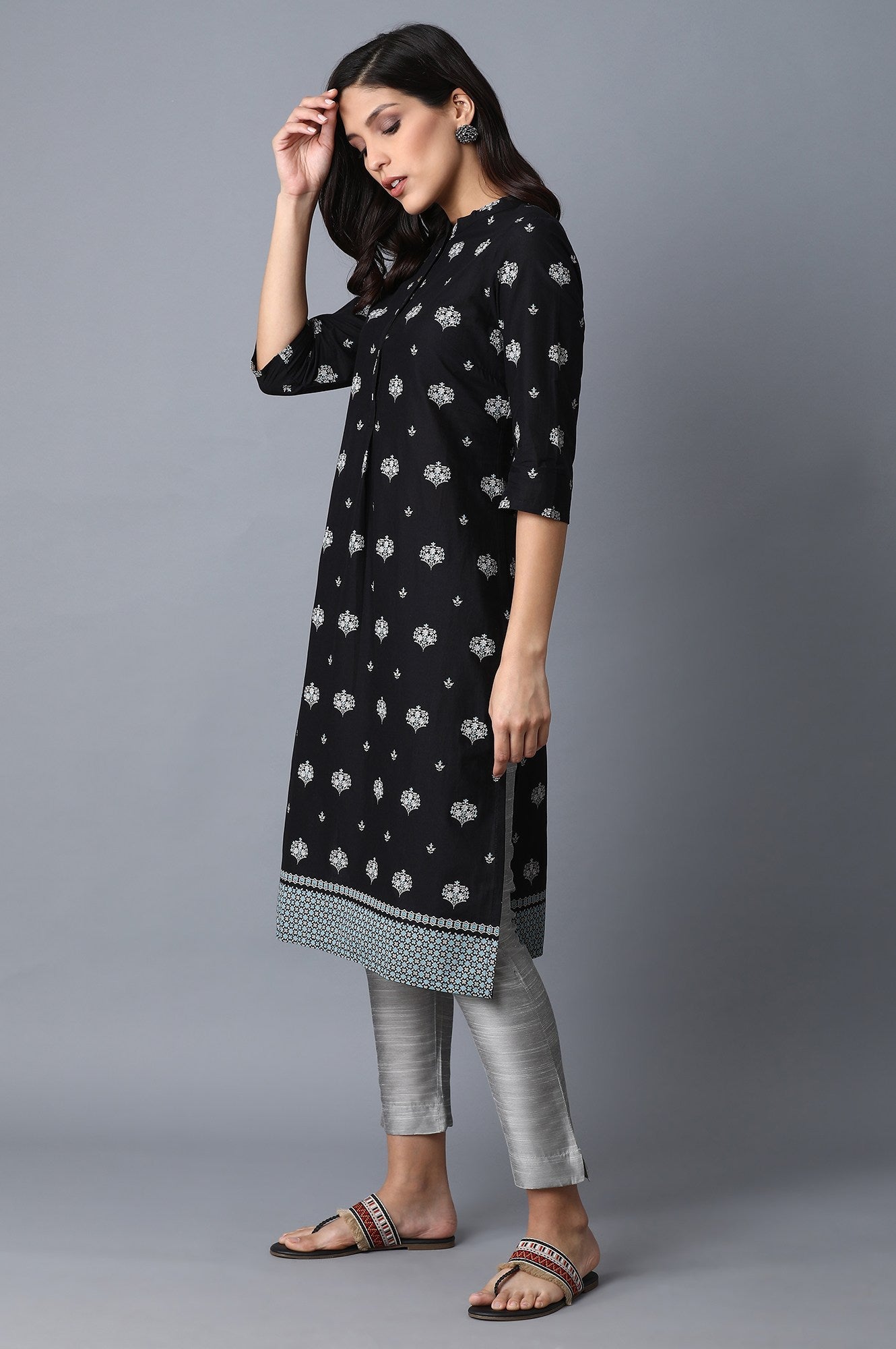 Black Floral Straight Cotton Kurta