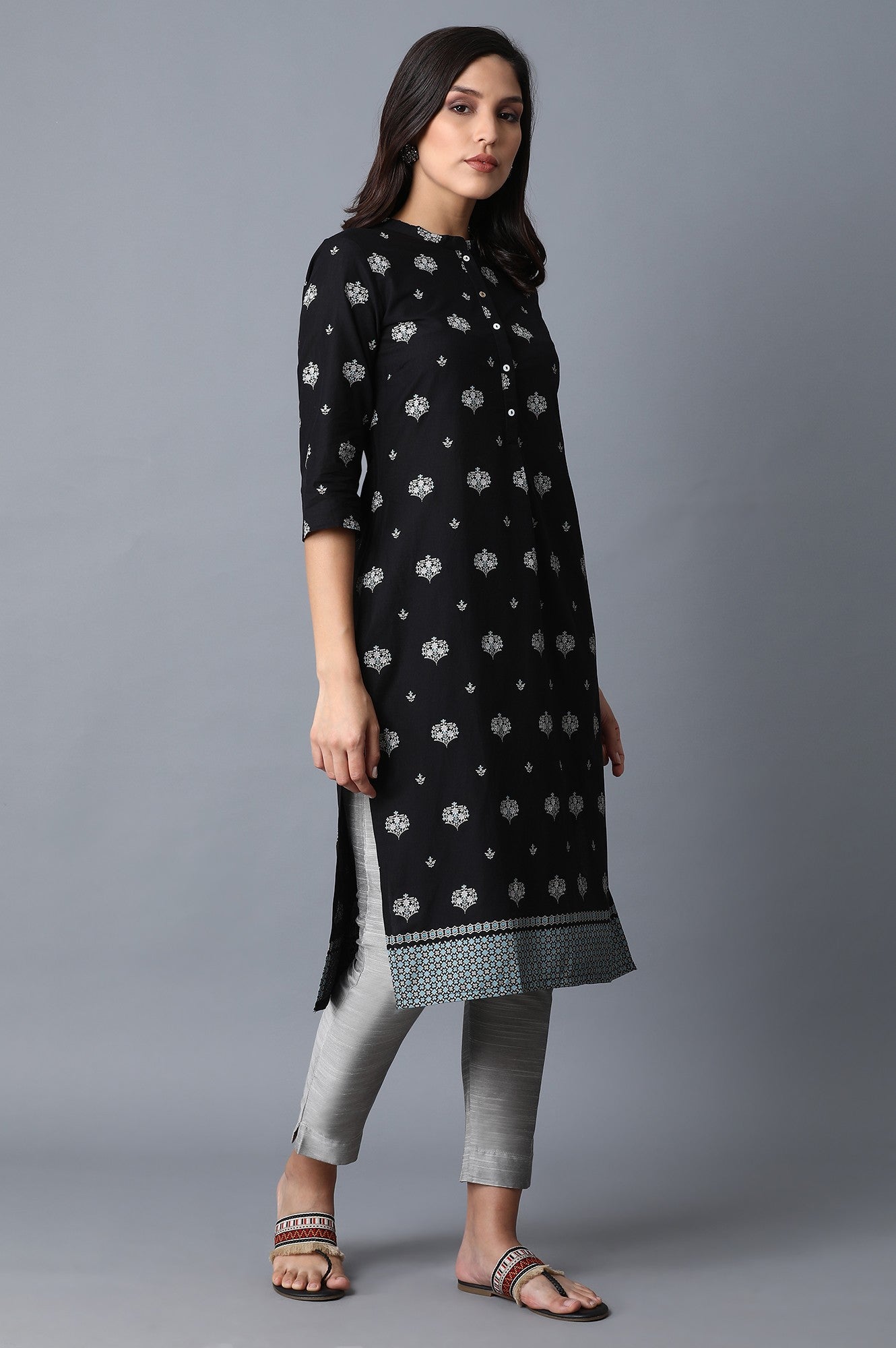 Black Floral Straight Cotton Kurta