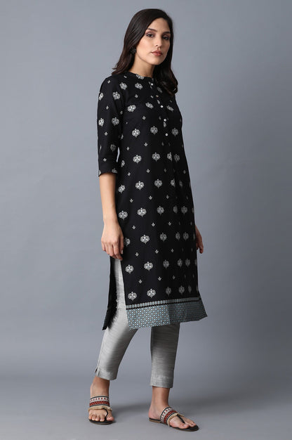 Black Floral Straight Cotton Kurta