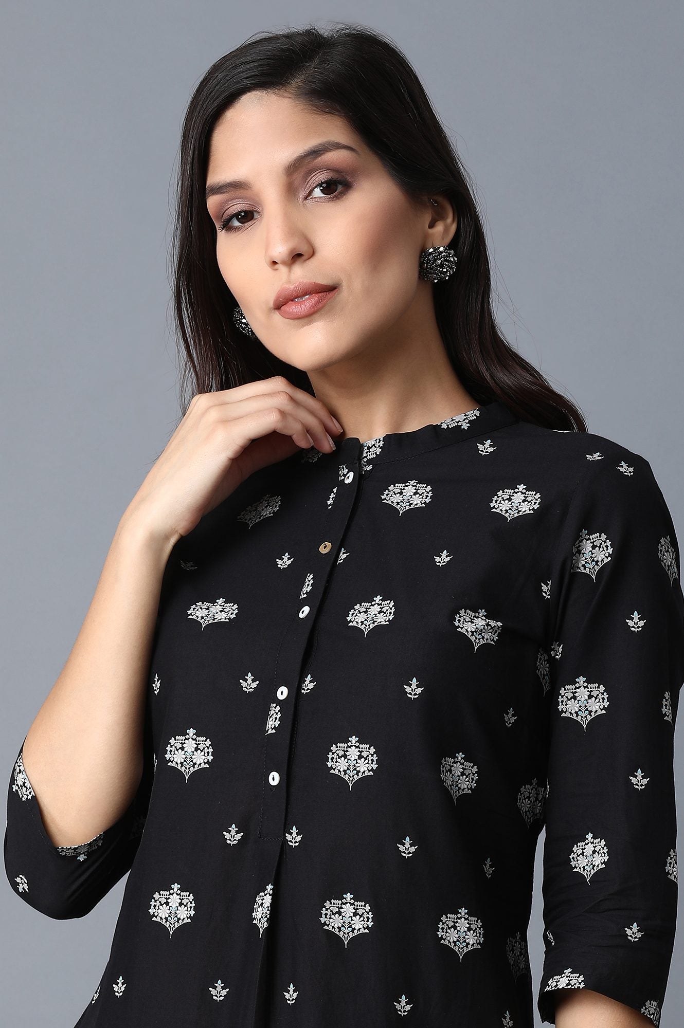 Black Floral Straight Cotton Kurta