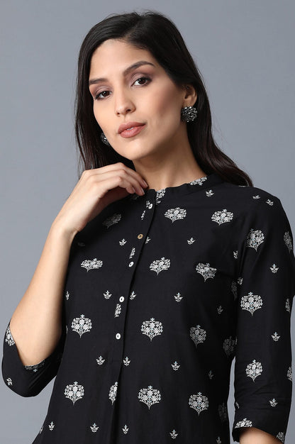 Black Floral Straight Cotton Kurta