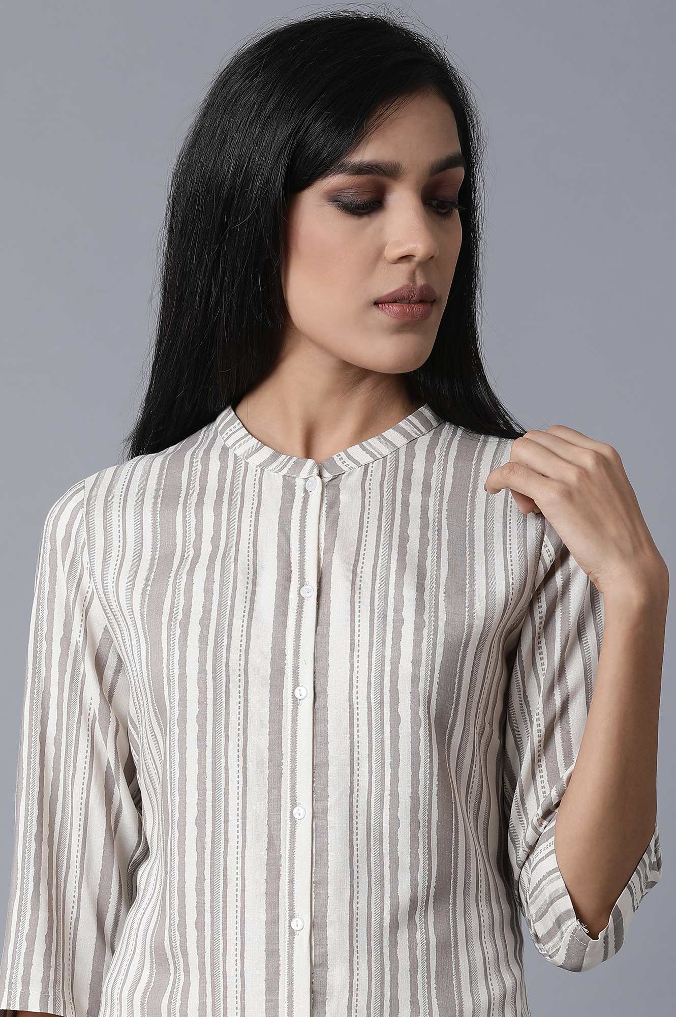 Ecru Striped Thread Work Rayon Straight Kurta and Slim Pant Set
