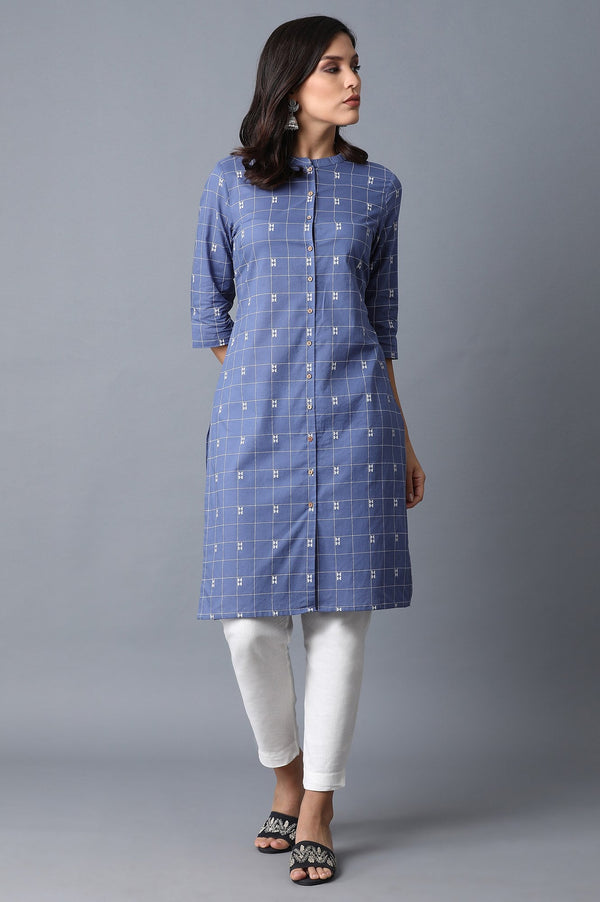 Blue Geometric Straight Cotton Kurta
