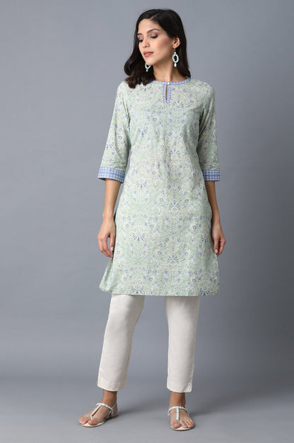 Green Floral Printed Tape Straight Cotton Kurta