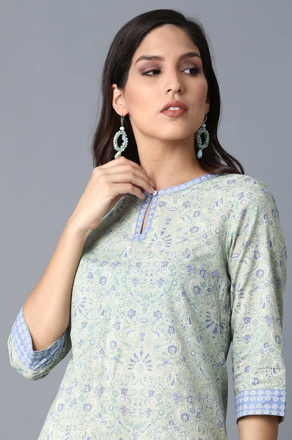 Green Floral Printed Tape Straight Cotton Kurta