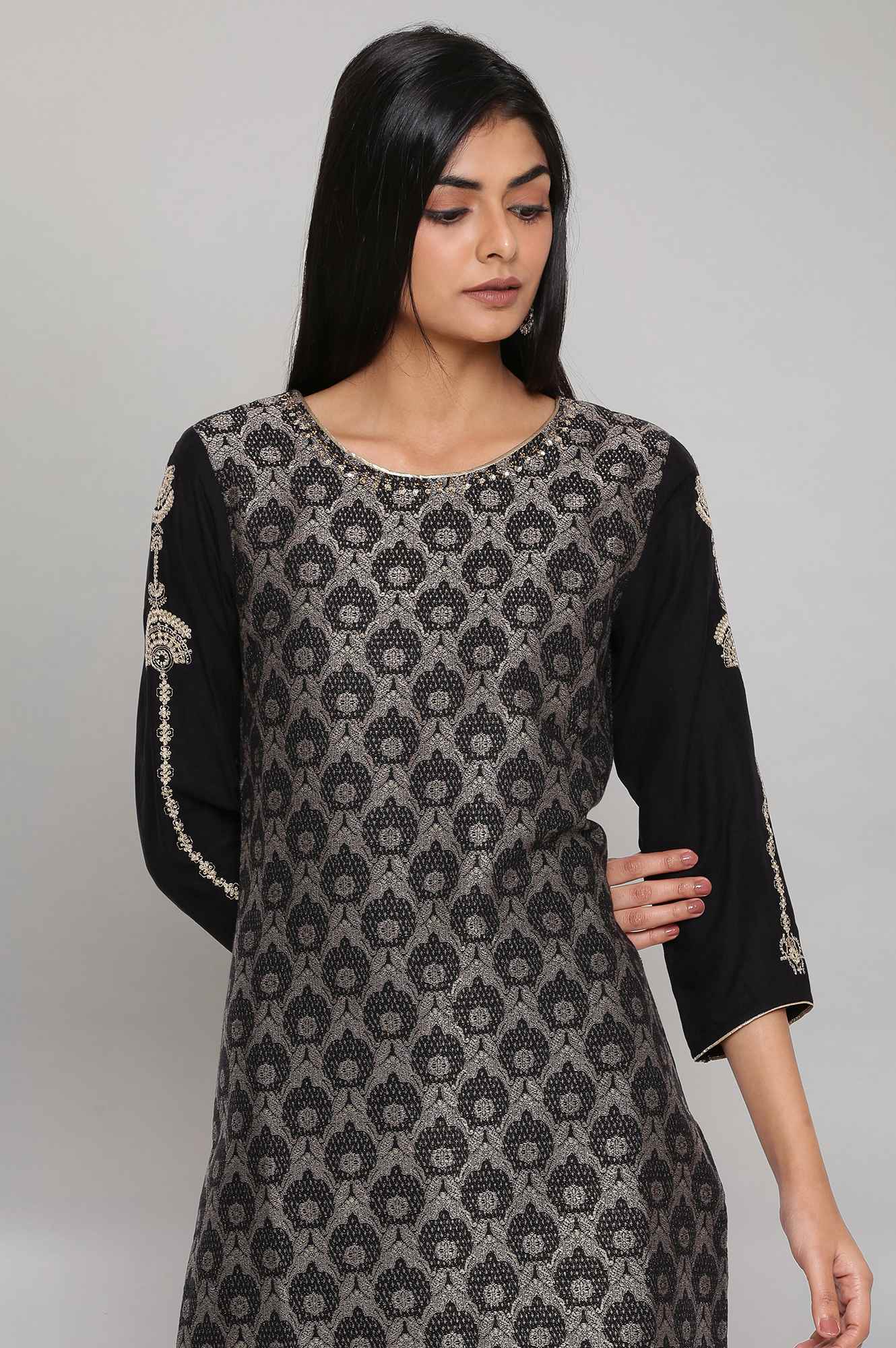 Black Metallic Embroidery Cotton Blend Straight Kurta and Slim Pant Set