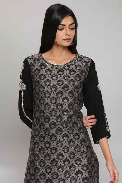 Black Metallic Embroidery Cotton Blend Straight Kurta and Slim Pant Set