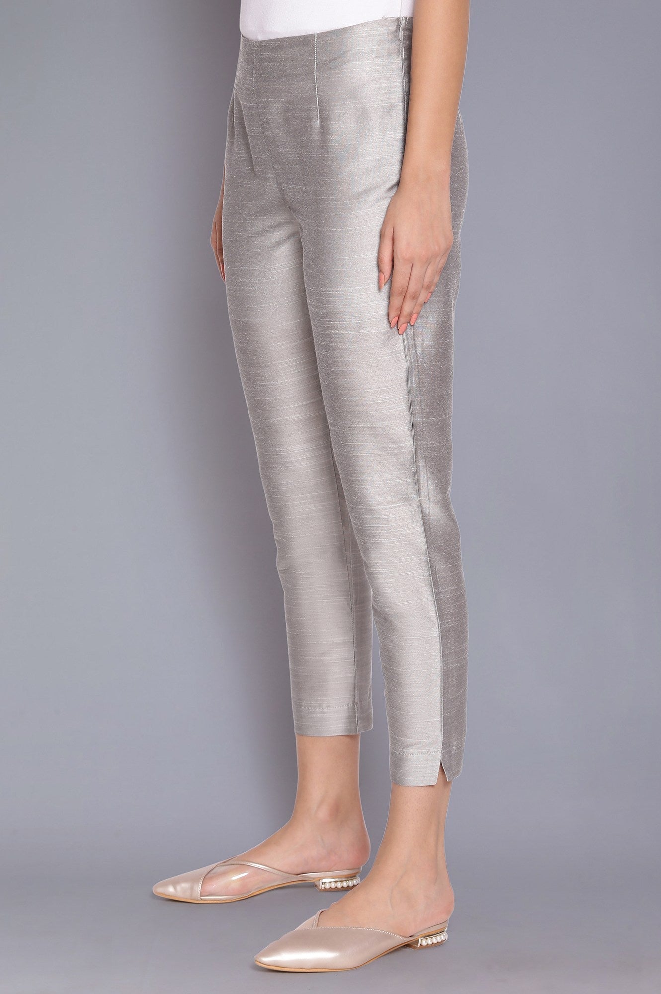 Silver Solid Slim Fit Viscose Trouser