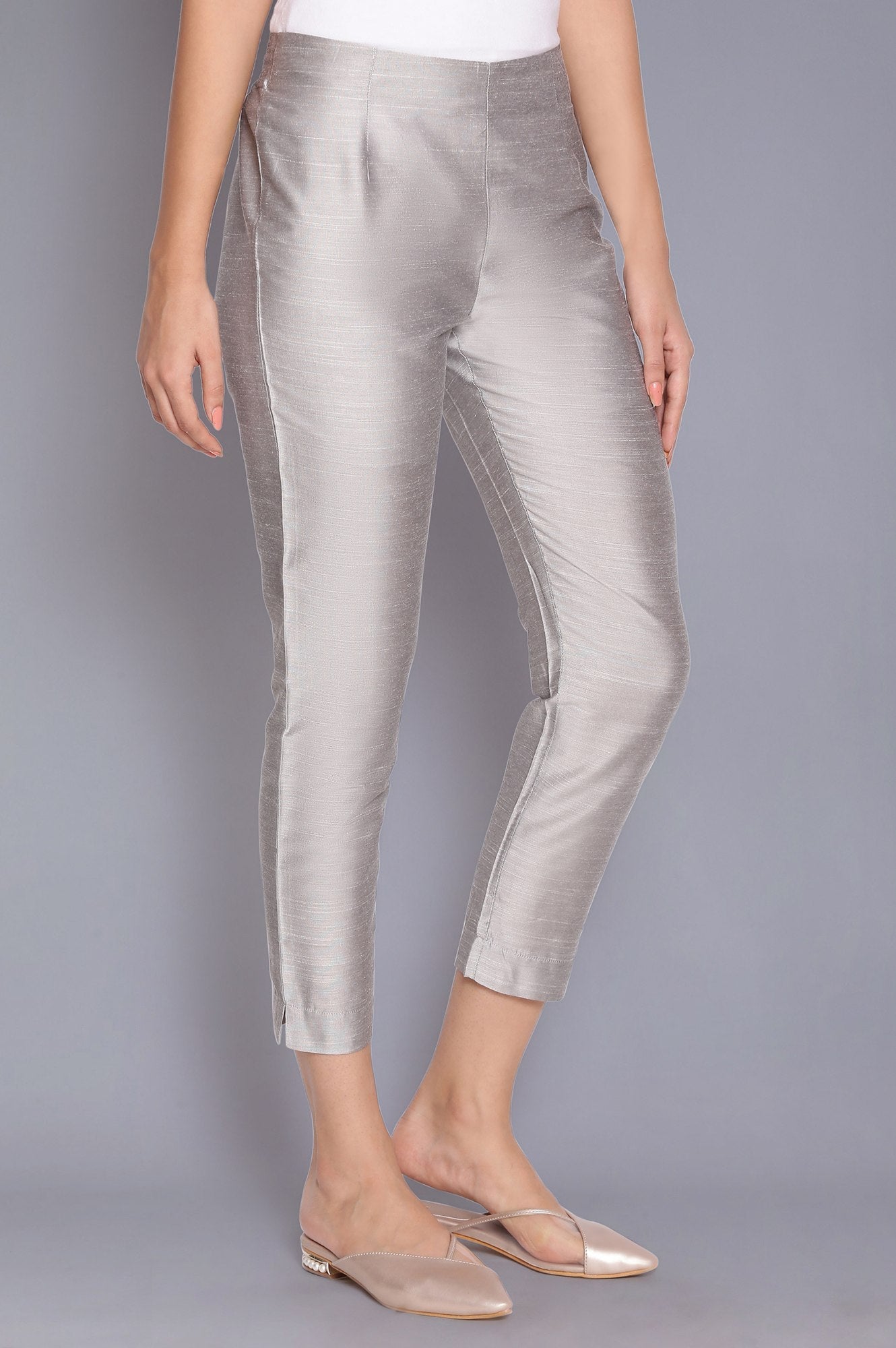 Silver Solid Slim Fit Viscose Trouser