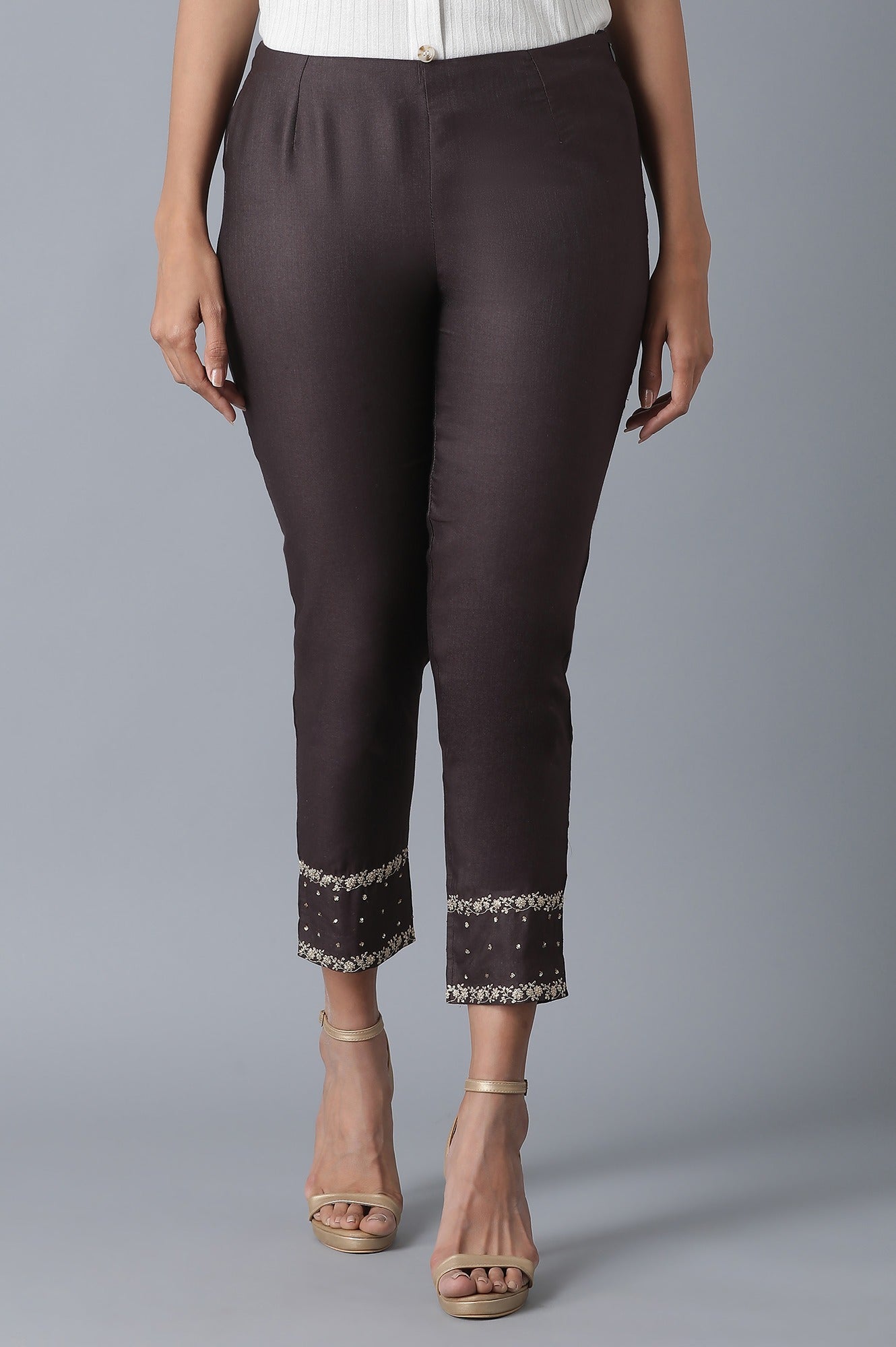 Brown Solid Embroidered Tapered Silk Slim Pants