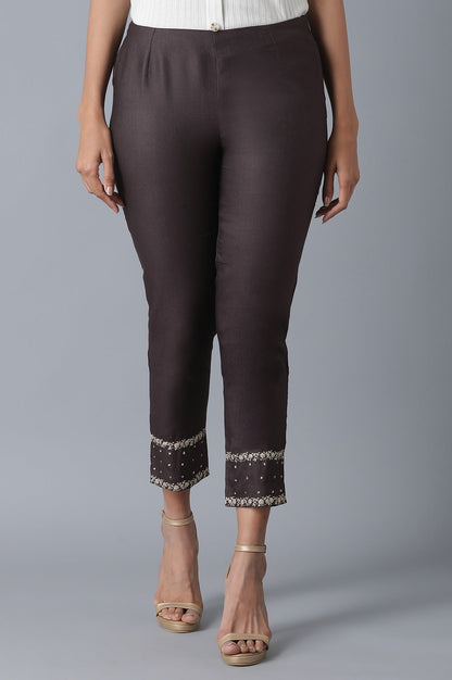 Brown Solid Embroidered Tapered Silk Slim Pants