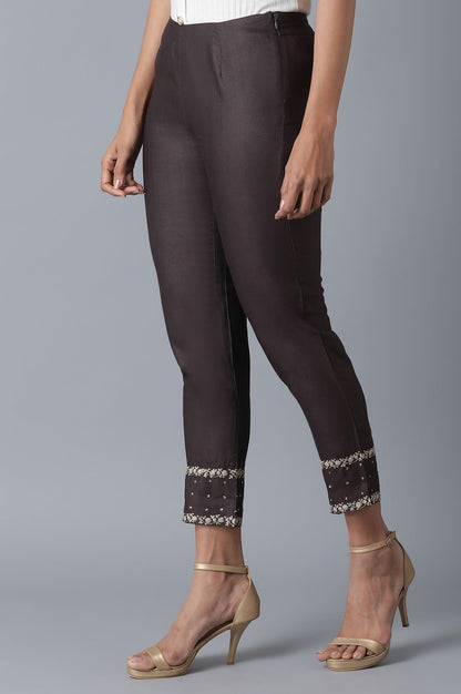 Brown Solid Embroidered Tapered Silk Slim Pants